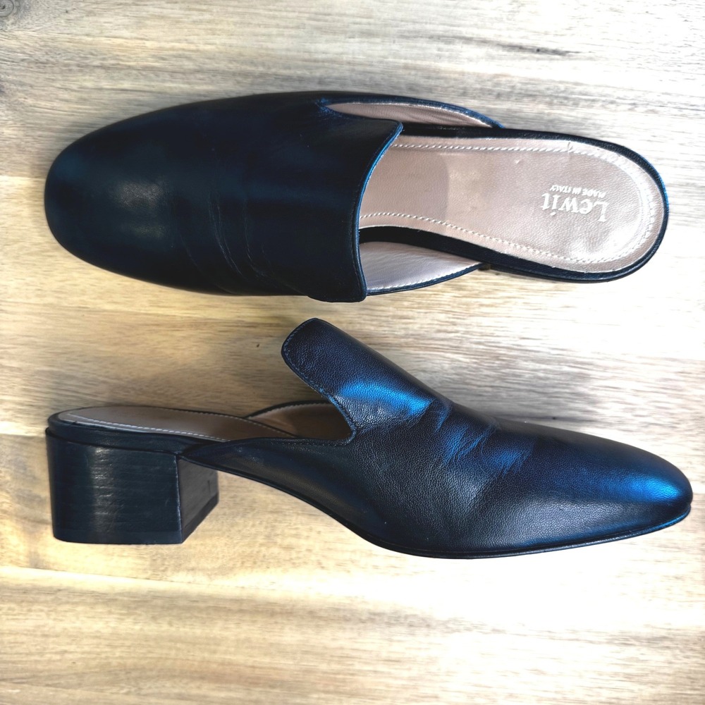 Lewit Women 7.5-8 EU 38.5 Black Leather Block Heel Slide Mules Italy Casual